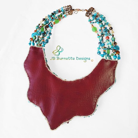 Turquoise Beaded Embroidery Statement Free-form Bib Necklace, Handmade Jewelry - Picture 10 of 10